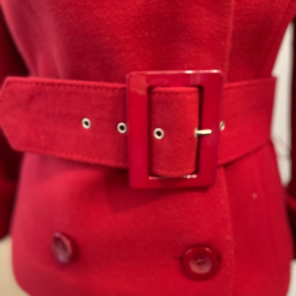 Fire engine red short Jackie O. jacket with 3/4 length sleeves and belt. - Picture 6 of 9